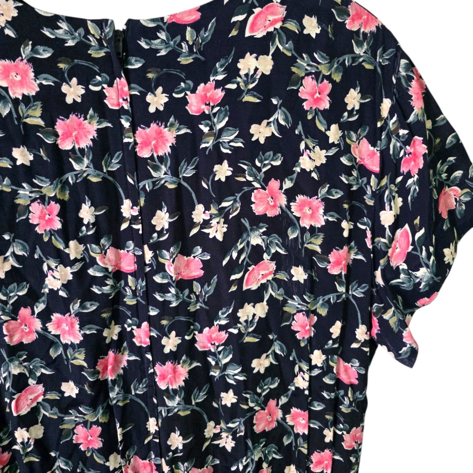 *Flawed* 80s Vintage Cottagecore Navy Pink Floral Rayon Maxi Dress ED Michaels