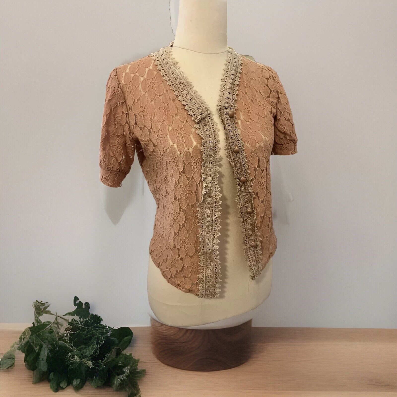 Vintage Handmade Beige Handmade Crochet Lace Blouse Top S