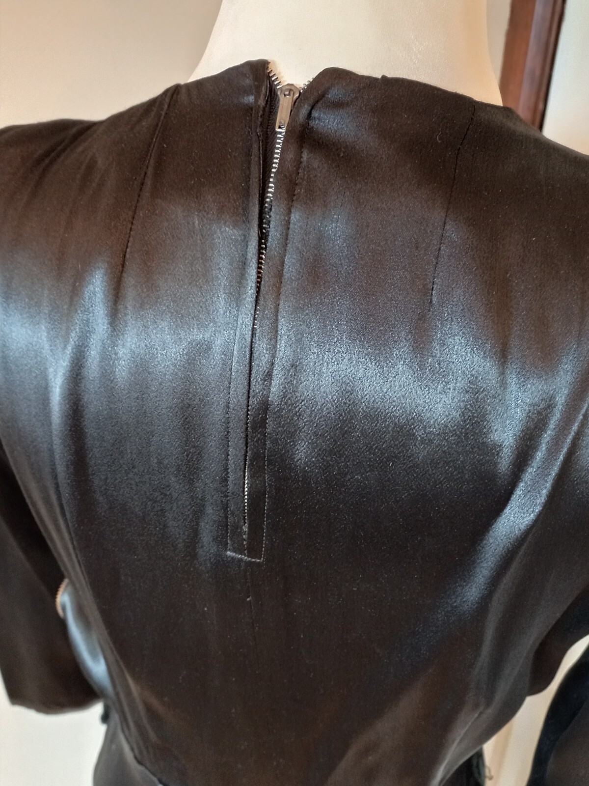 Vintage 1940s Glossy Black Satin Charmeuse Femme Fatale Film Noir Dress XS