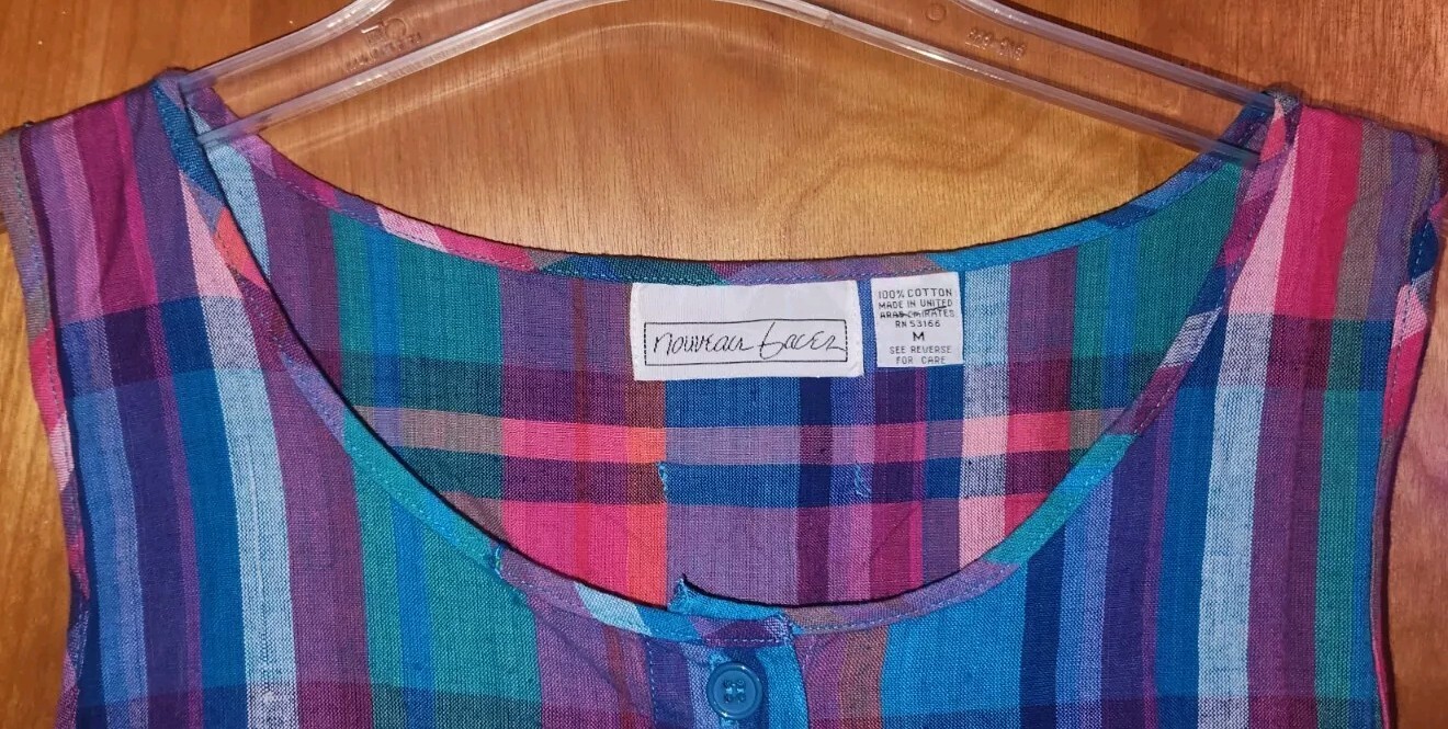 VTG Nouveau Gacer Sleeveless Dress M 100% Cotton Plaid Long Multicolor