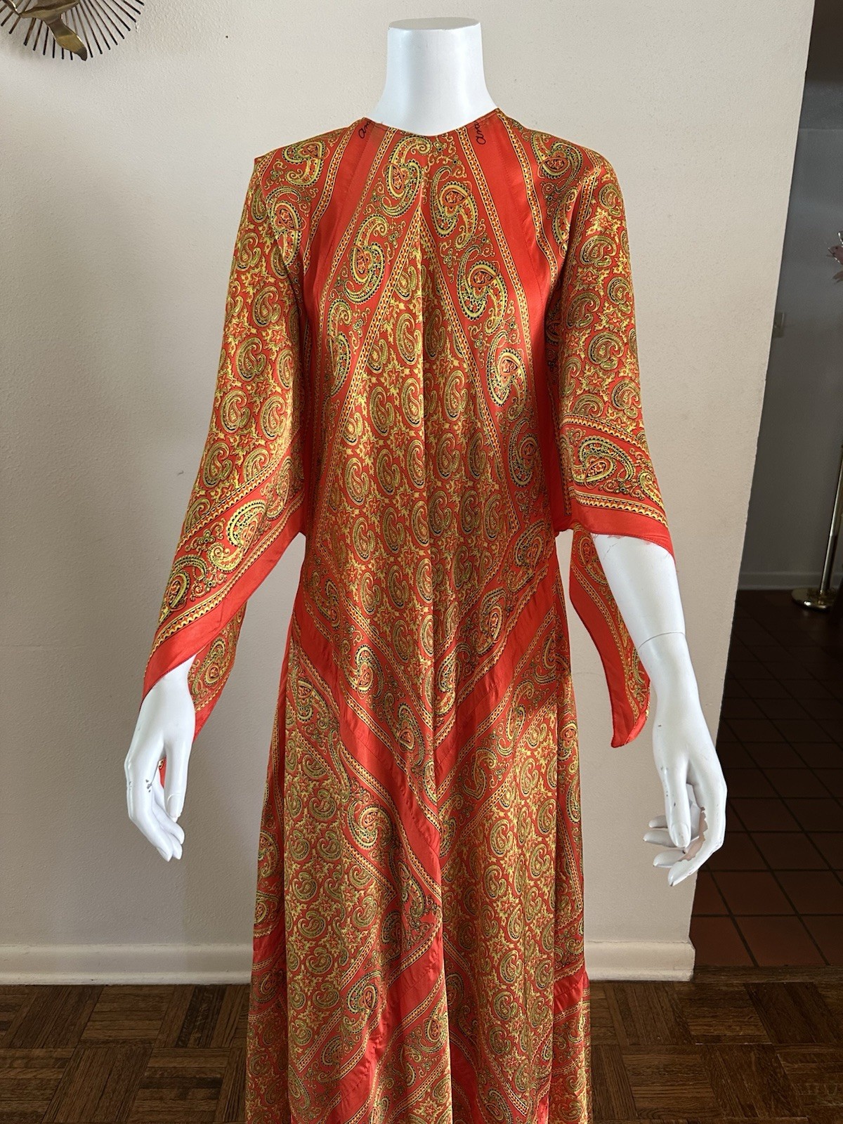 70s VTG Mexican Aramis Scarf Caftan Dress 63” Extra Long Tall Maxi Angel Sleeve