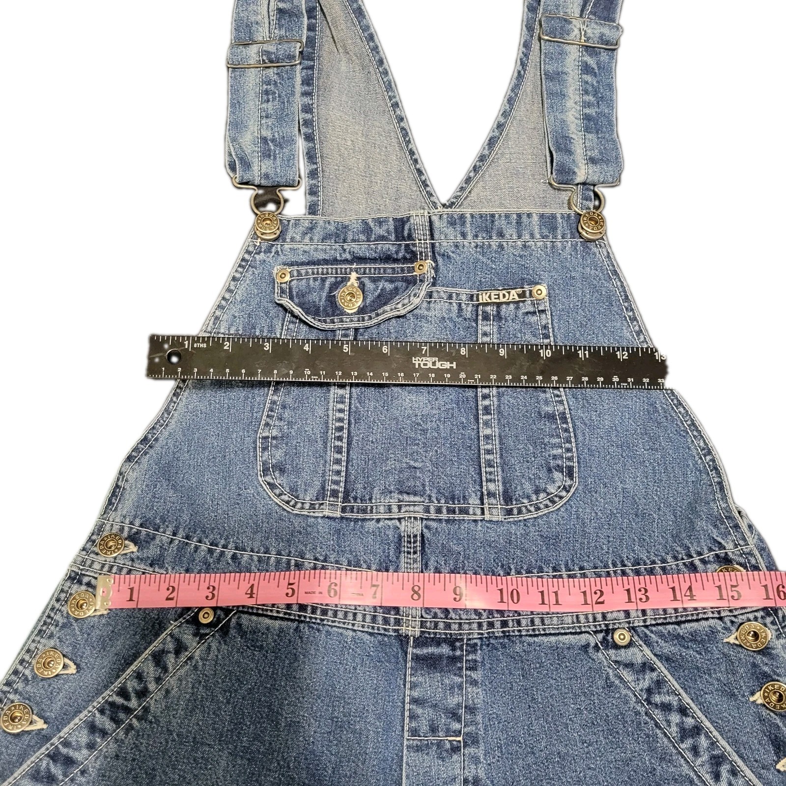 Vintage Ikeda Carpenter Wide Leg Denim Bib Overalls Size Large 90’s Medium Wash
