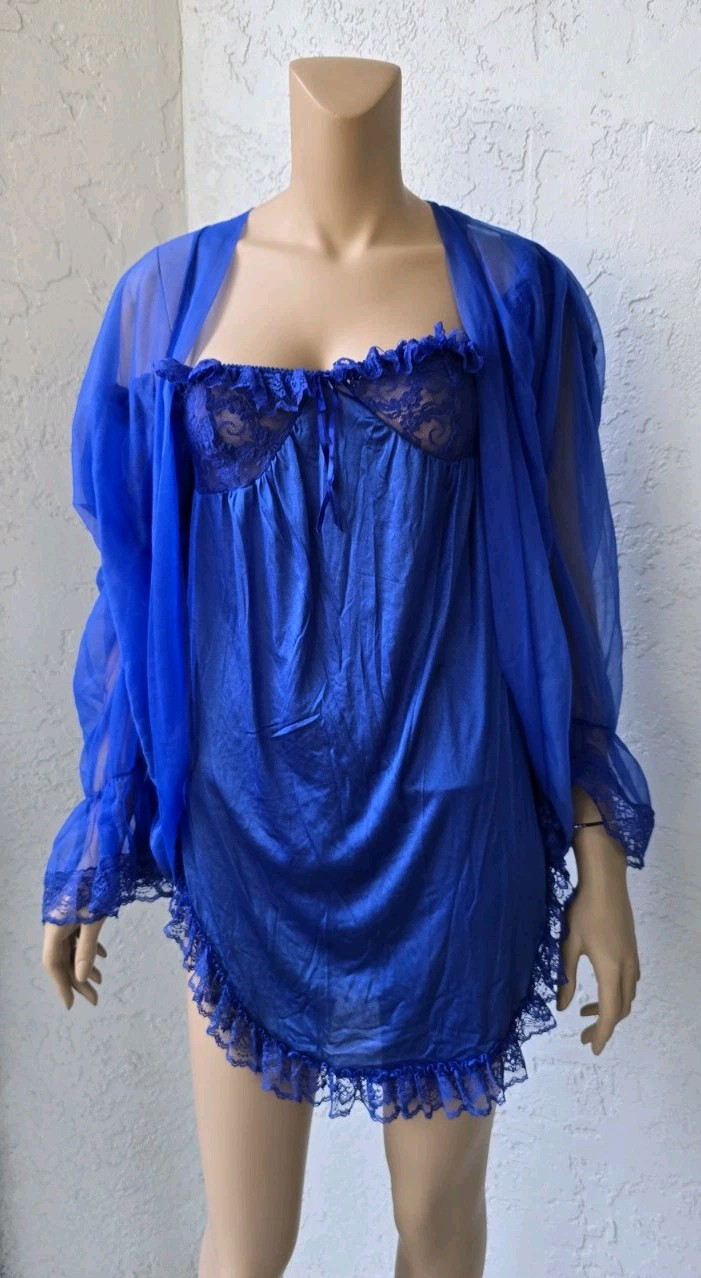 NWOT Vintage Andrea Kristoff ESCANTE Blue Lace Ruffle 3 Piece Lingerie Small