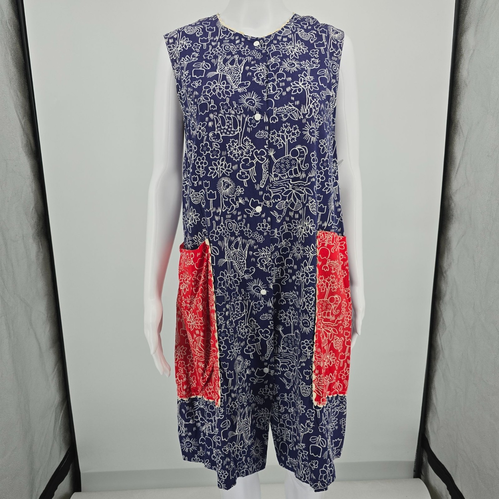 Vintage 1970s Blue/Red Novelty Animal/Floral Print Snap Front Smock Dress (L)