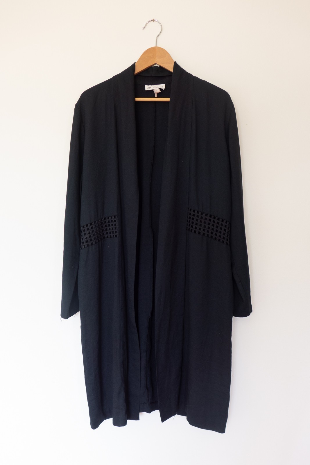 Vtg Positive Influence Long Open Cardigan Lattice Trim at Waist Womens XL Black