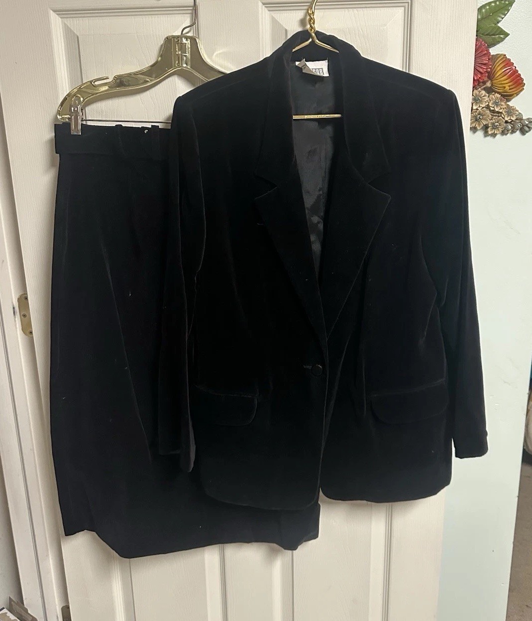90s Skirt Suit Jacket 2pc Set Black Cotton Velvet Faux Suede Y2K XL 42 W 32×32