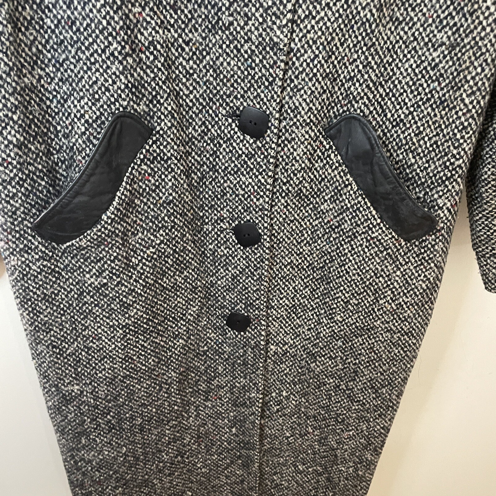 Vtg 80s DONNYBROOK Black White Tweed Long Coat w/Leather Accents Women Sz 12