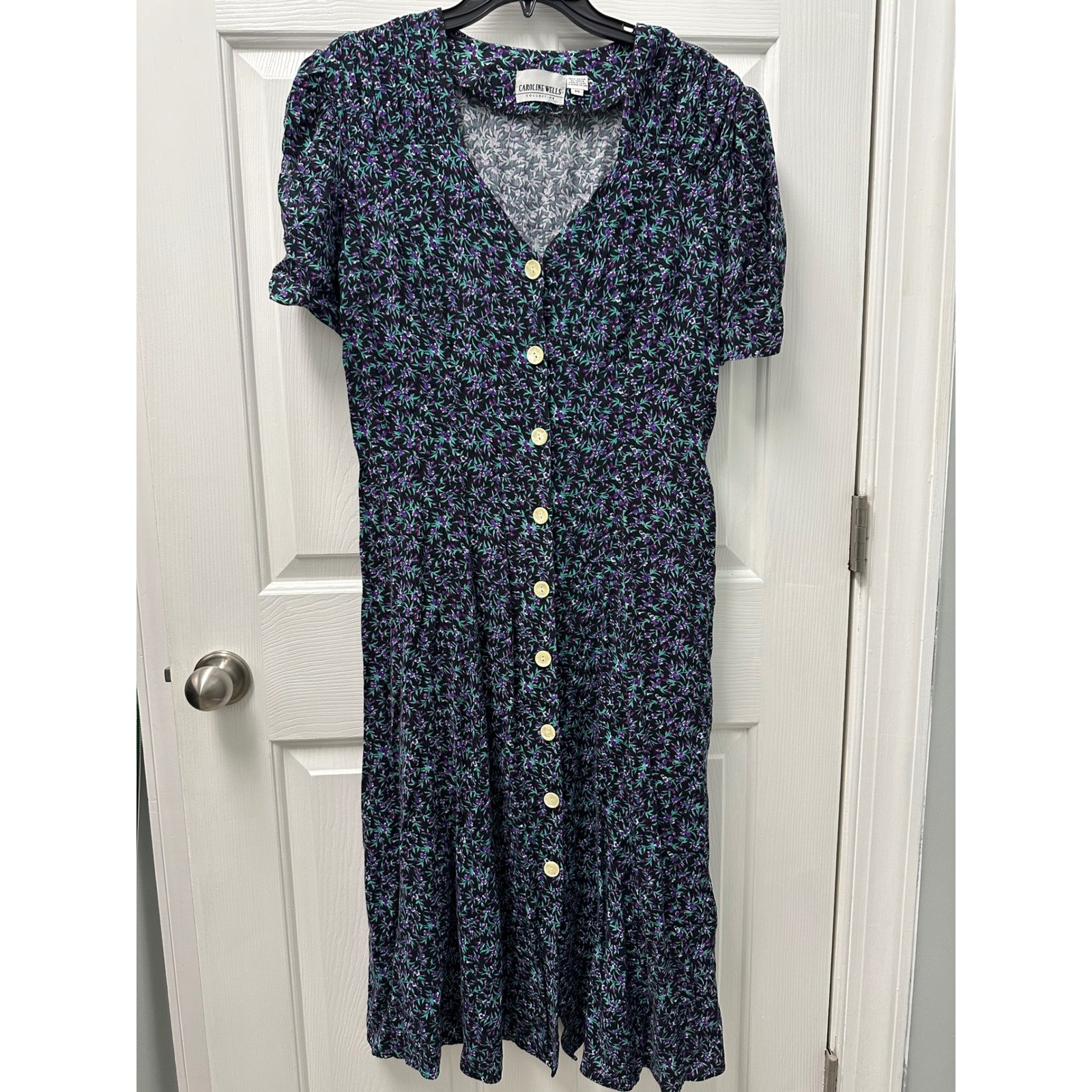 Caroline Wells Vintage Floral Button Front Midi Dress Purple Teal Rayon Size 14