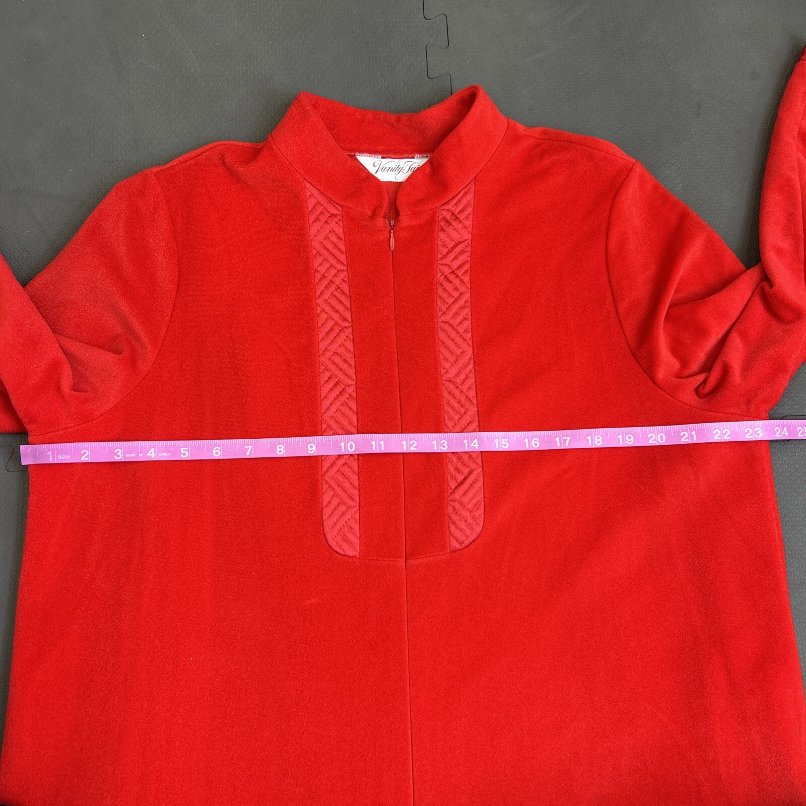 Vintage Vanity Fair Velour Zip House Coat / Robe Size Lg Red Quilted Detail