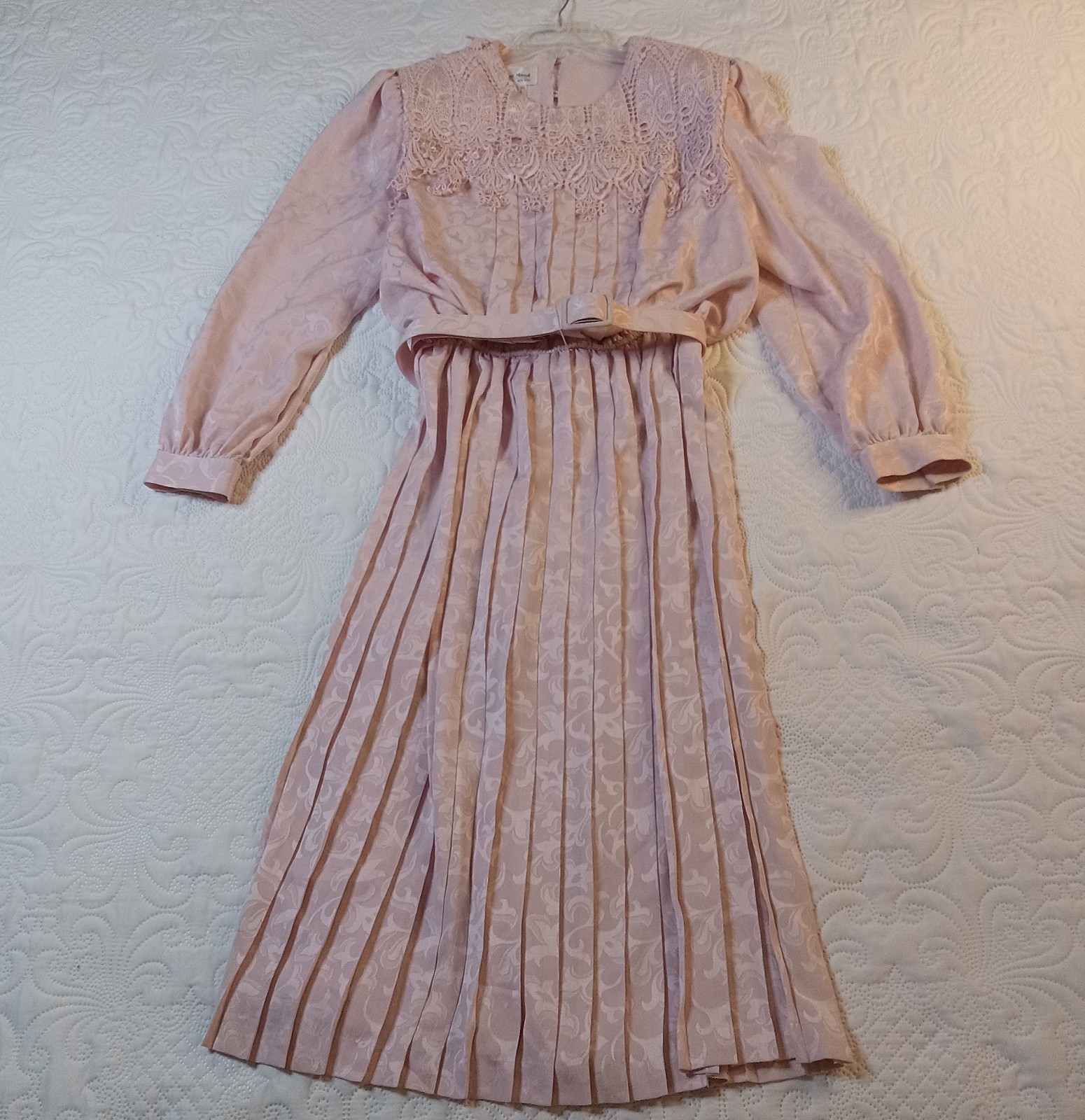 In The Mood MOB Dress 14 Pink Jacquard Belted Crocheted Pleated Vtg 80s EUC