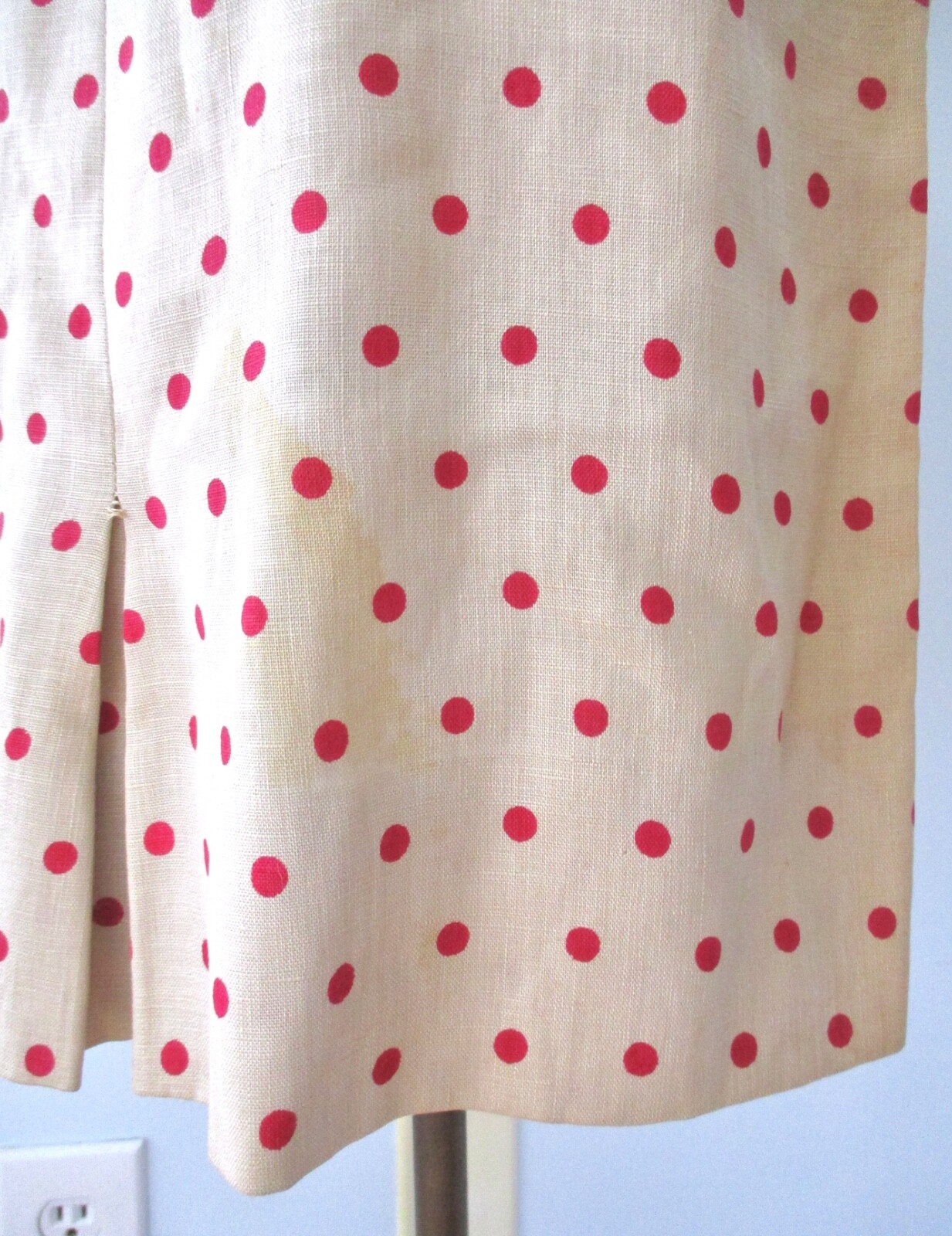 Vtg 50s 60s tan brown red polka dot 2-pc secretary dress cropped jacket suit M