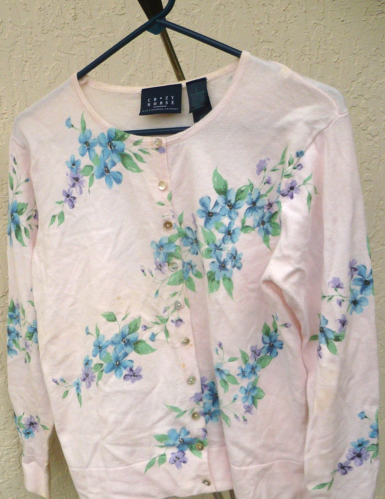 VINTAGE CRAZY HORSE SRING SWEATER IVORY TEAL BLUE FLORAL 50S STYLE TAIWAN M LADY