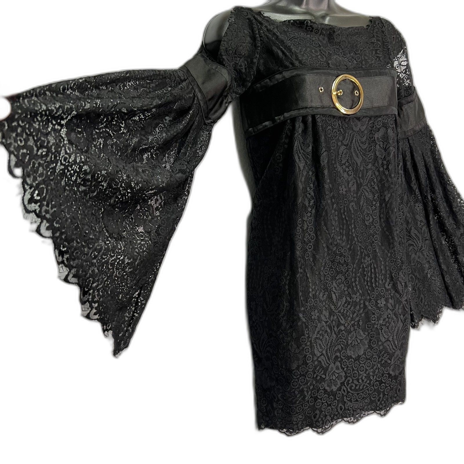 Moda International Black Lace Bell Sleeve Belted Mini Dress Size S Y2K Boho Goth