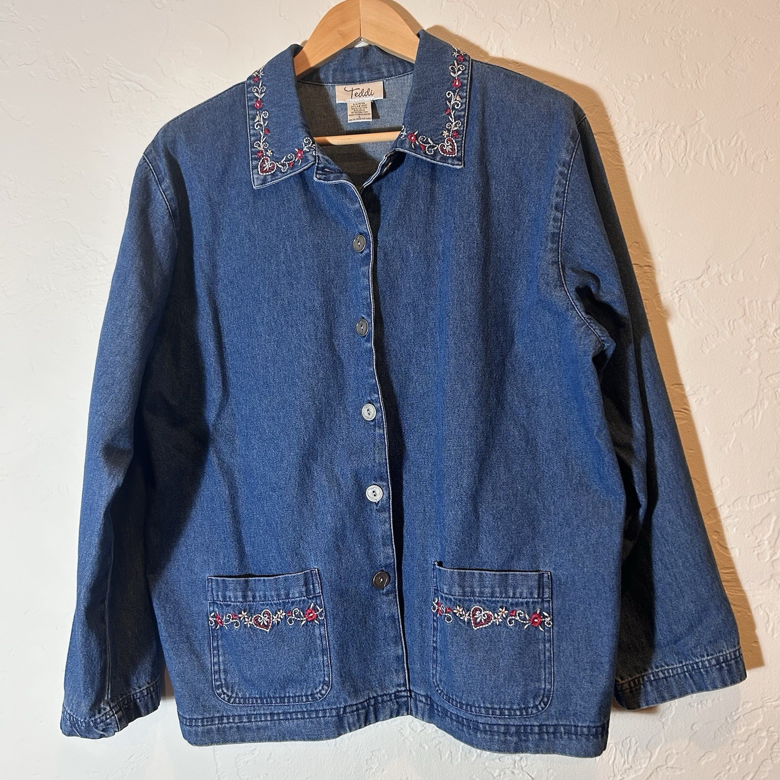 VTG Teddi Denim Embroidered Shirt Jacket L 90s Cottagecore Western Hearts Floral