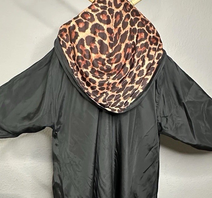 1950s Reversible Silk Satin Duster Coat Leopard Print Hooded Pockets