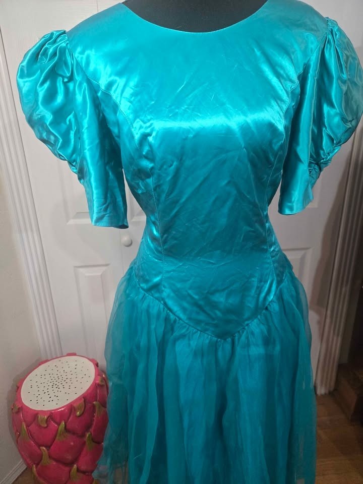 Vintage Turqoise/Teal Taffeta Tulle Satin Crinoline Dress Prom Tea Party Brunch