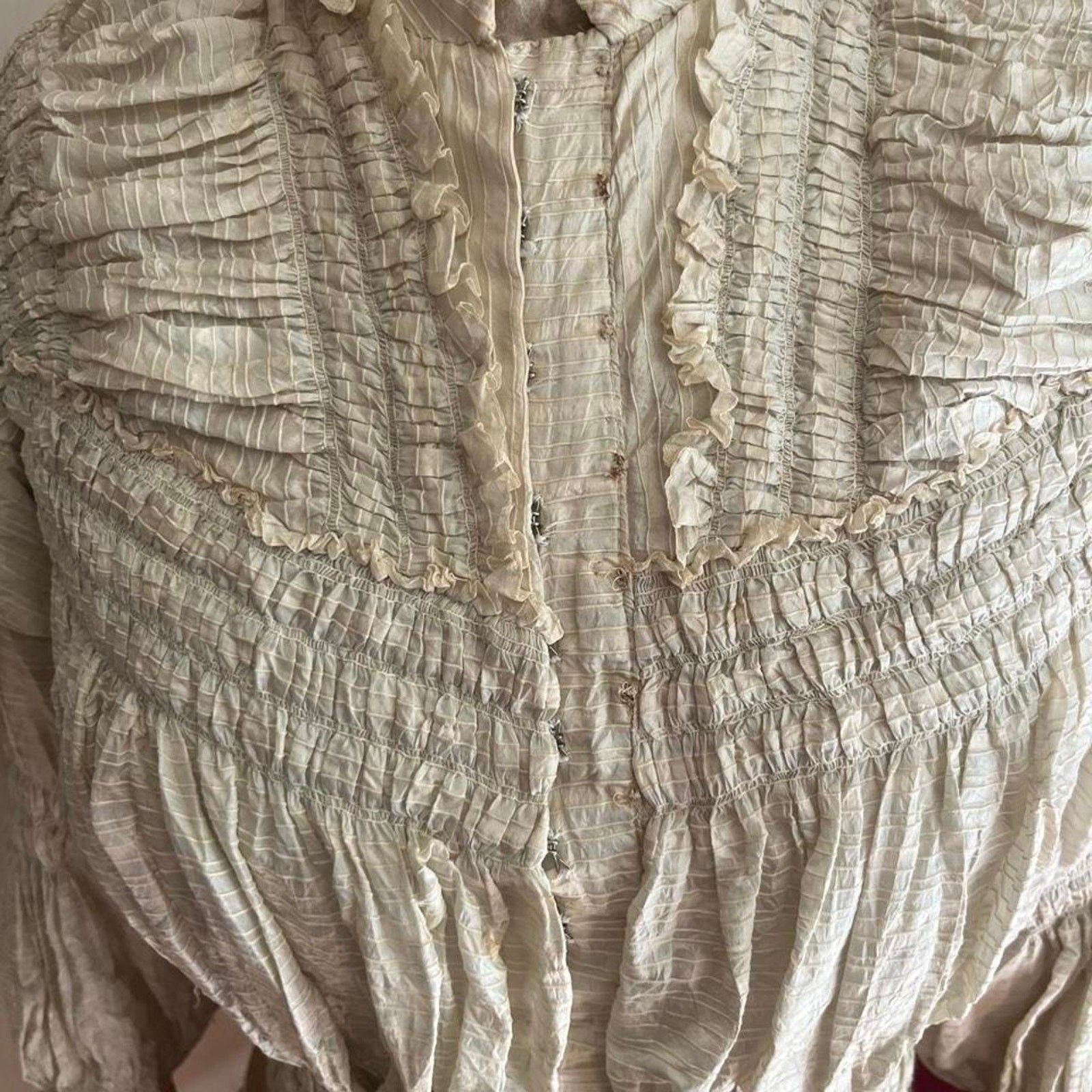 Antique Victorian Mint Green Cream Stripe Silk Ruched Puff Sleeve Bodice XXS