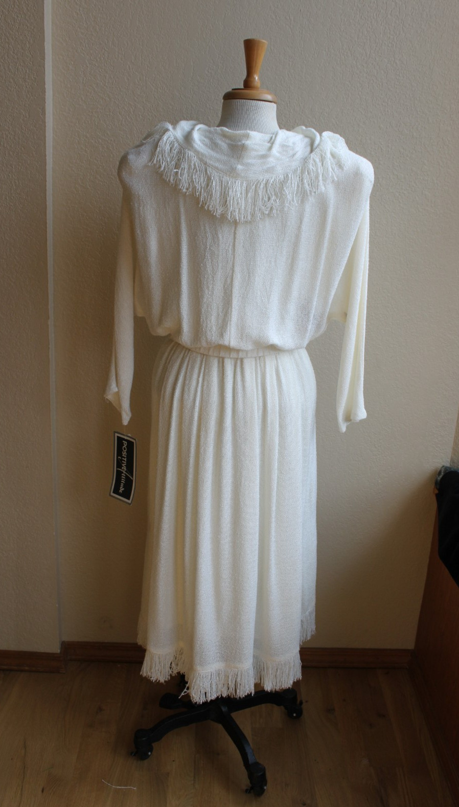 Vintage 80’s NWT Cream Knit Fringed Cowl Neck Dress M