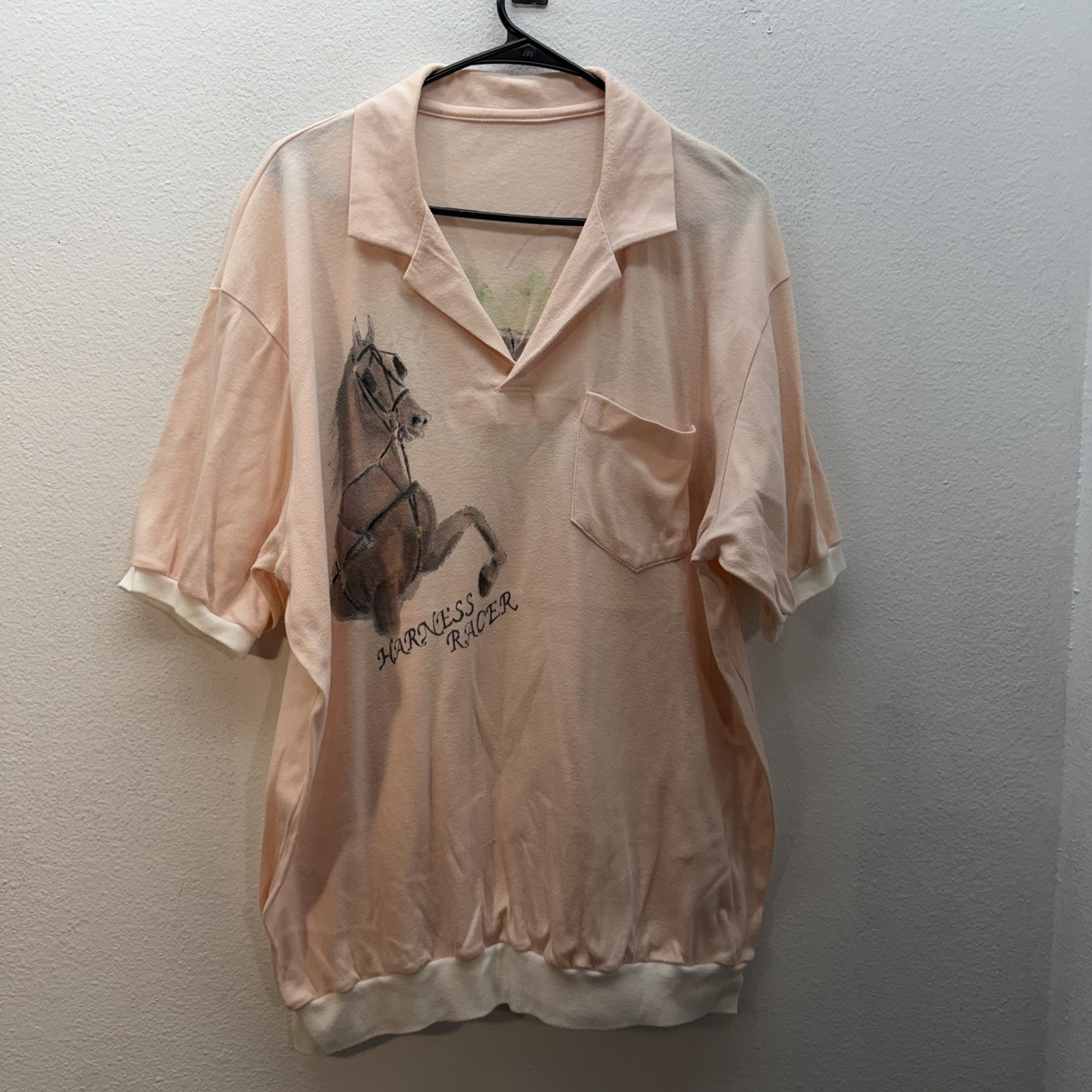 Vintage 80s 90s Hand Painted Equestrian Horse Polo Shirt Harness Racer 2X XXL