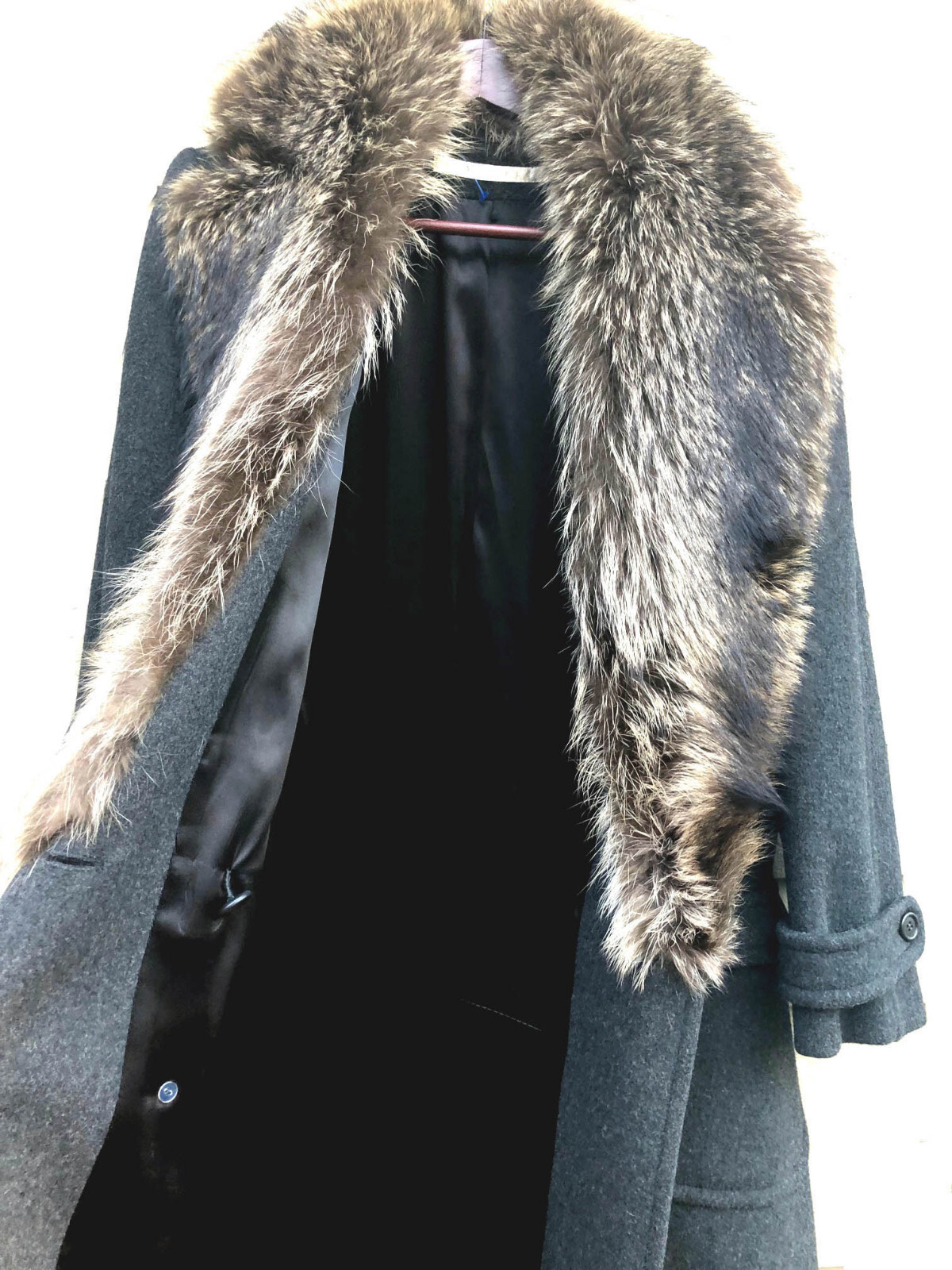 Perry Ellis VTG 70s-80s Maxi Dark Gray Wool Coat w/ Raccoon Fur Shawl Collar 12