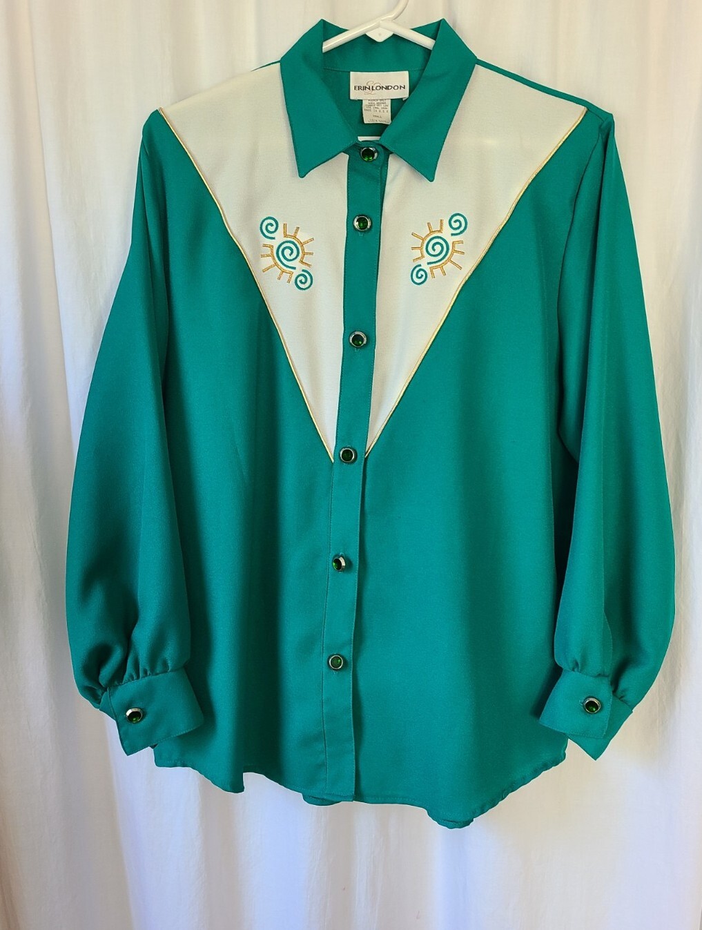 Vintage Erin London Green Long Sleeved Embroidered Blouse USA Womens Size Small