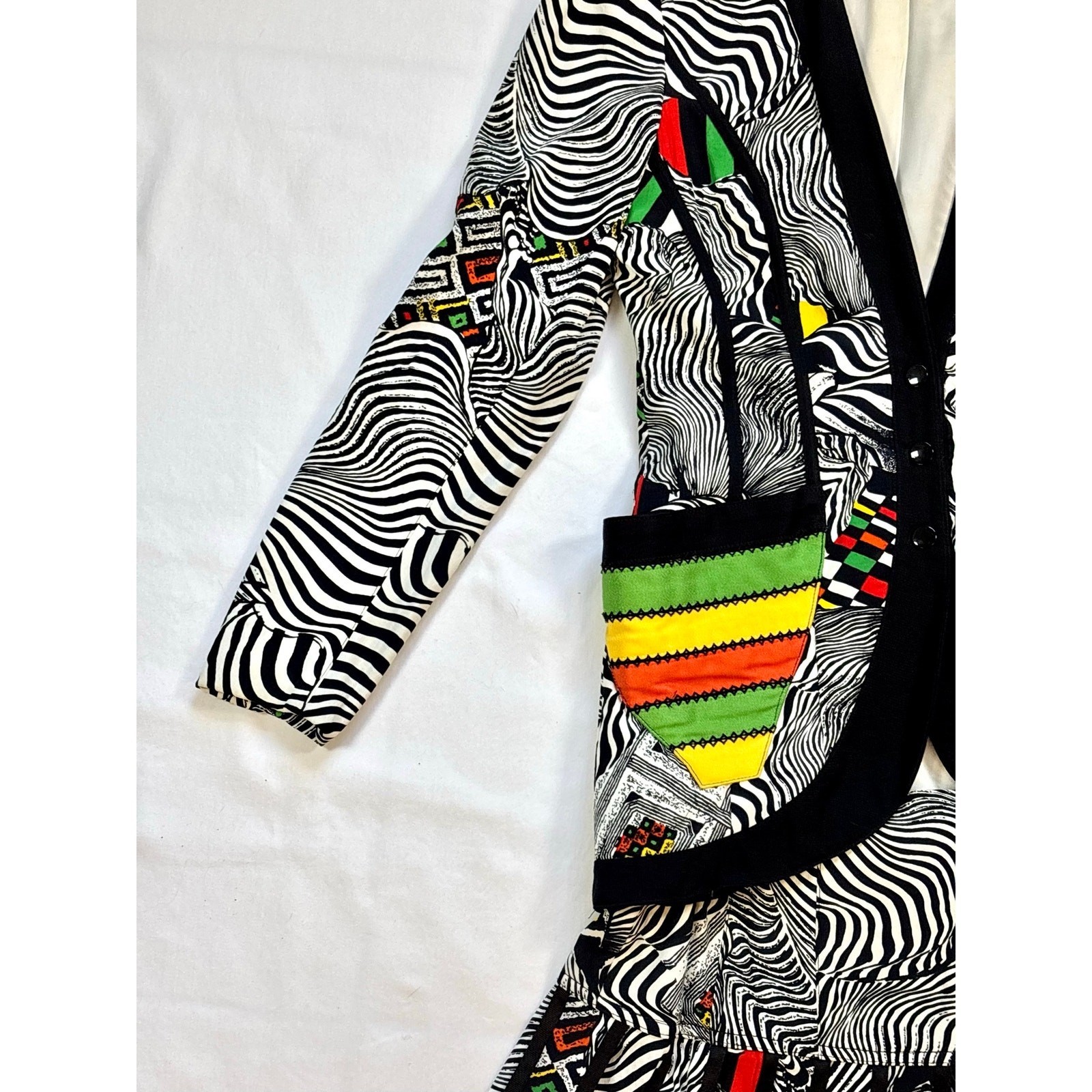 1980s IIF Zebra Geometric Print Skirt Set Blazer Car Wash Fringe Mini Two Piece