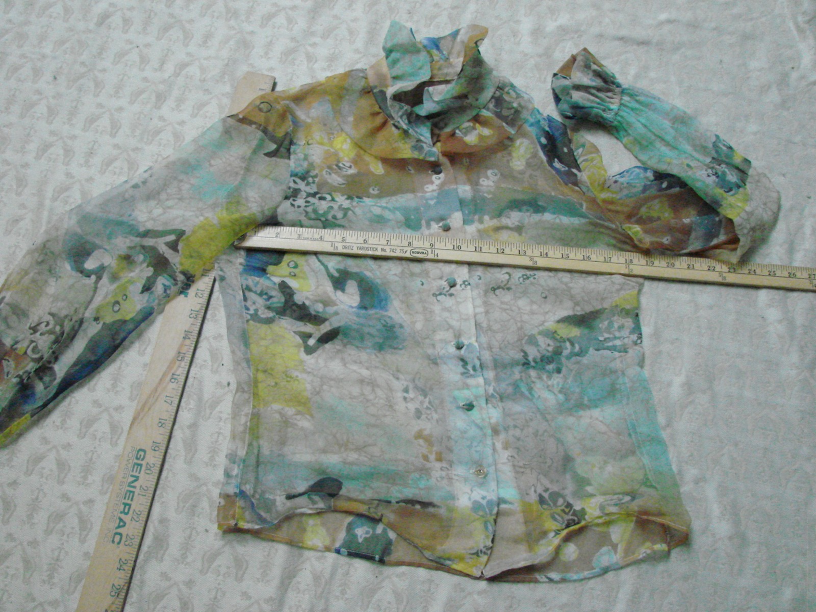 VTG 50s Long Sleeve Top Blouse Button Front Sheer Water Color Batik M UNIQUE VGC