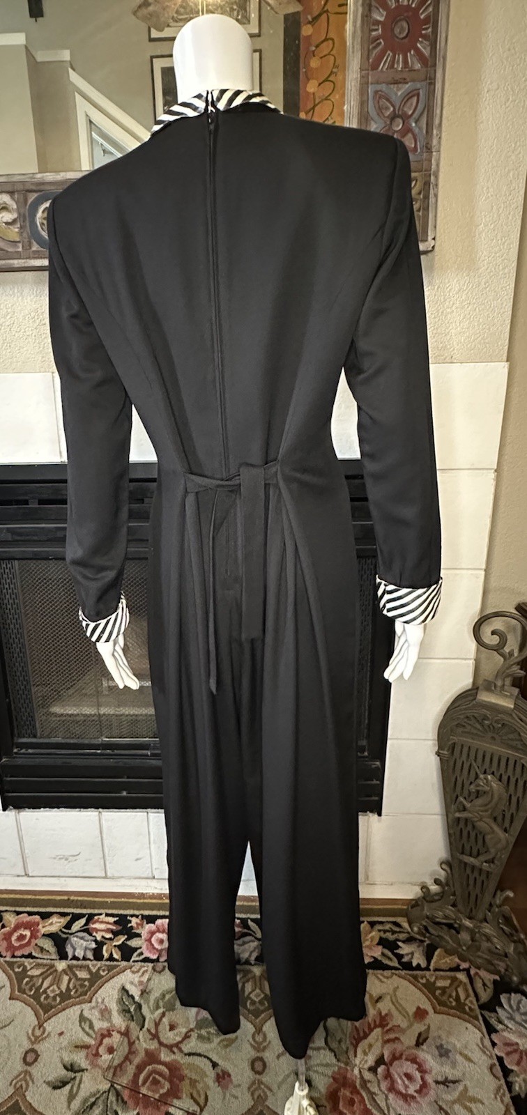 Vintage Black Striped Shawl Collar Wide Leg Palazzo Tie Back Tuxedo Jumpsuit
