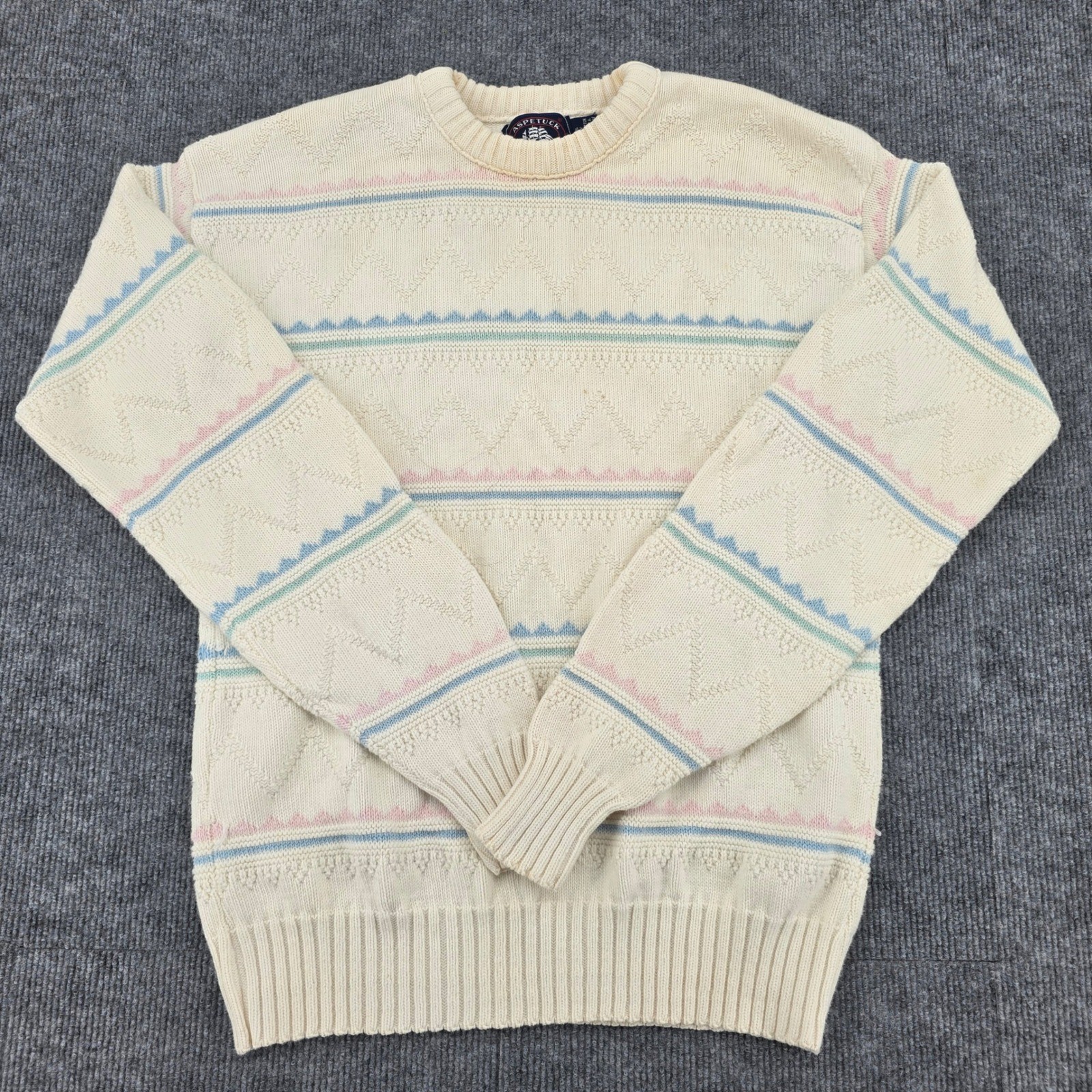 Aspetuck Trading Co Vintage Womens M Cream Pastel Striped Cotton Knit Sweater