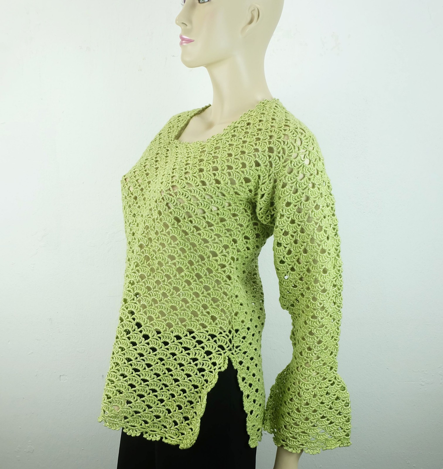 70s true vintage SWEATER lime green with lurex size S glitter sweater hippie boho