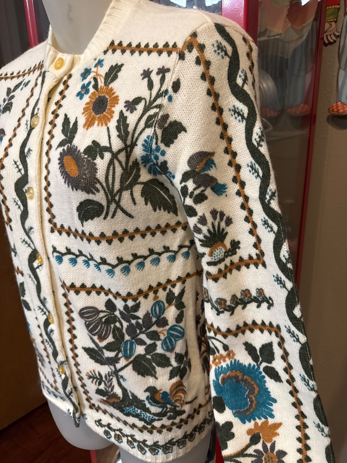 VTG Donnkenny Sweater Folk / Tapestry Cardigan Floral & Bird Motifs S/M