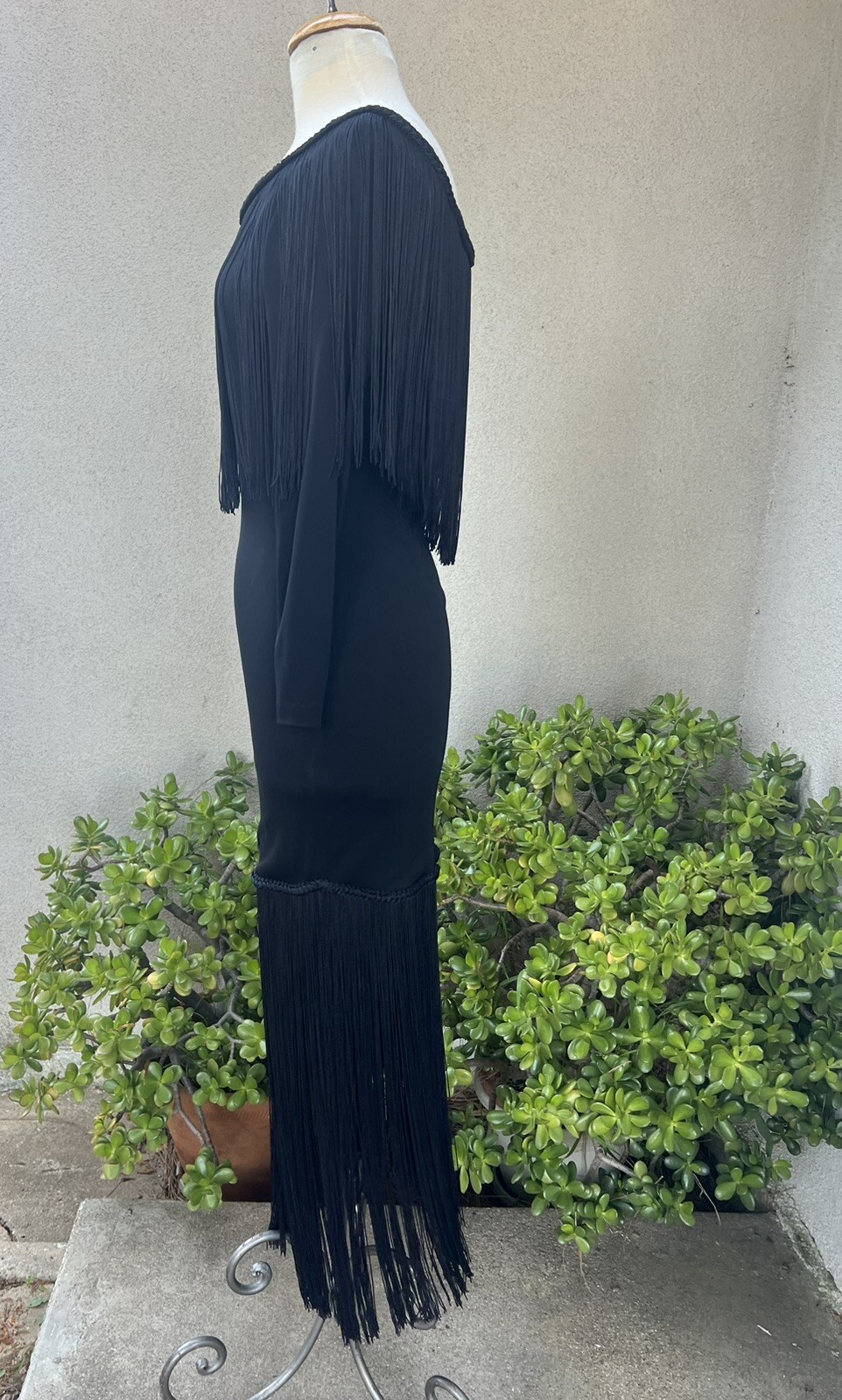 Vtg Maxi Dress Black Long Fringe Jersey Sz 8 Small By Jill Richards
