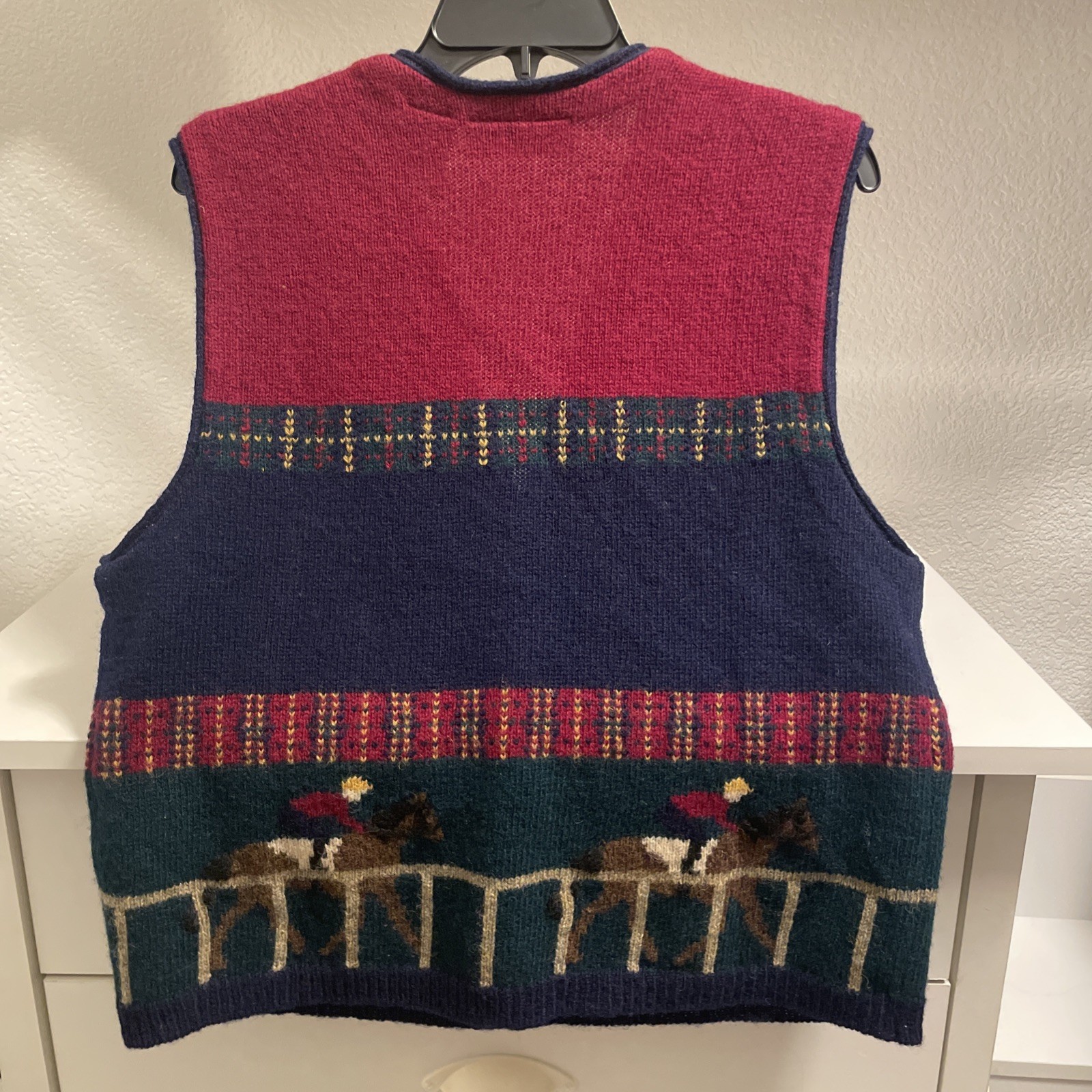 Robert Scott Ltd Vintage Wool Equestrian Horse Race Sweater Vest Navy Red Large
