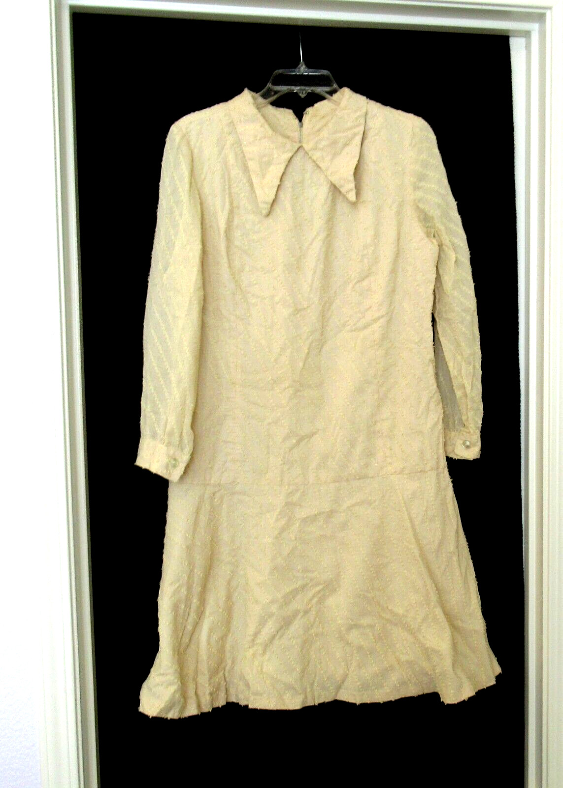 Yellow dropped waist dress, butterfly collar, sz. M 36″ chest, c. 1970s