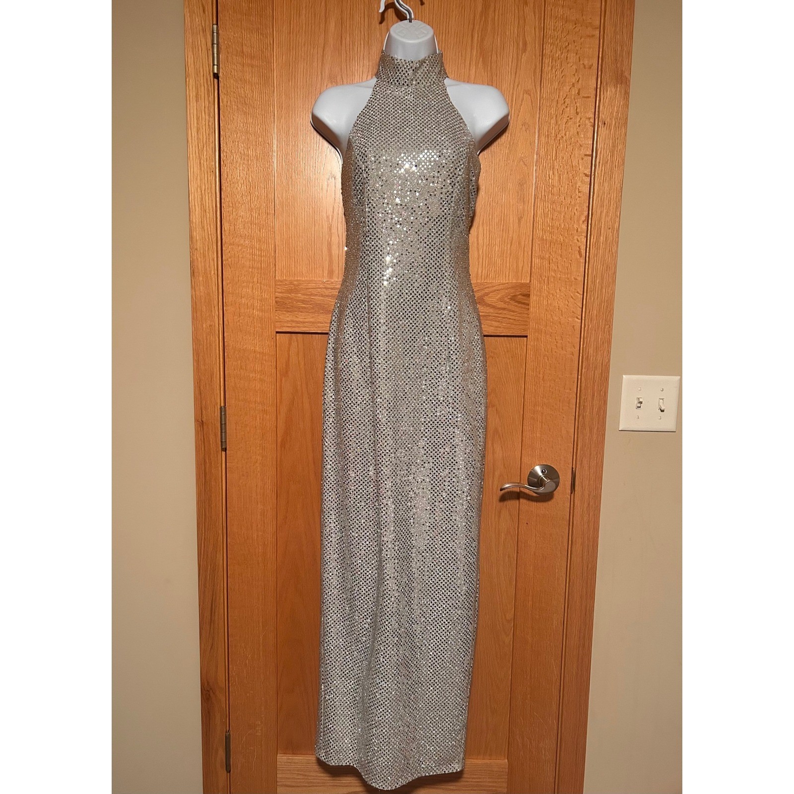 NEW Vintage 90s Roberta Silver Sequin Halter Maxi Dress Mock Neck Open Back XS