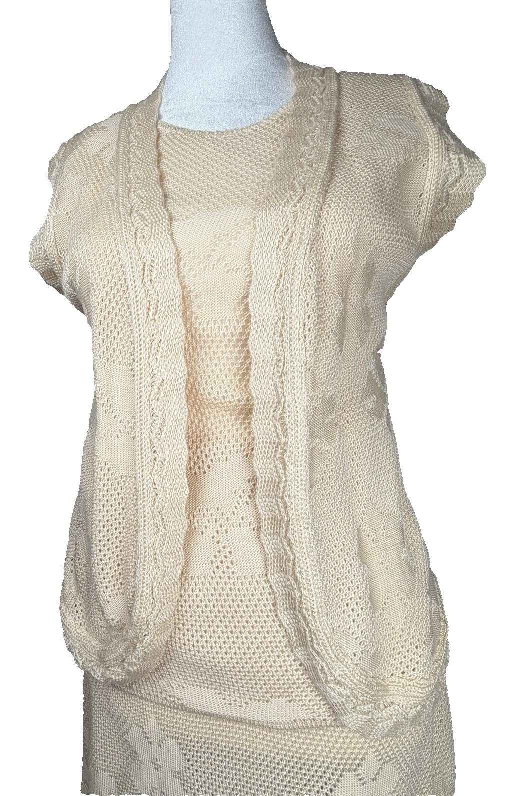 Vintage Mid-Century LeRoy 3-Piece knitwear Set Bohemian Romantic Creme Womens XS