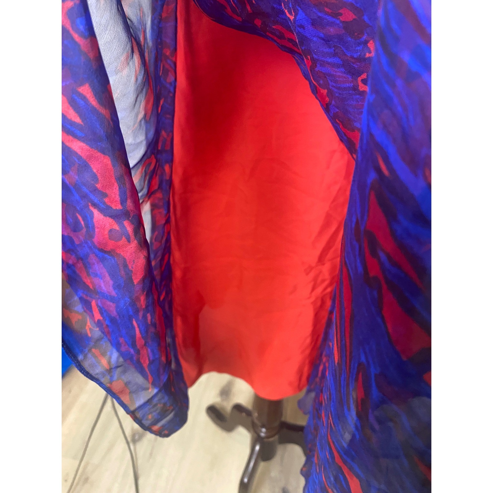 Vintage 60’s Silk Chiffon Beaded Dress Blue Red Abstract Print Cocktail S