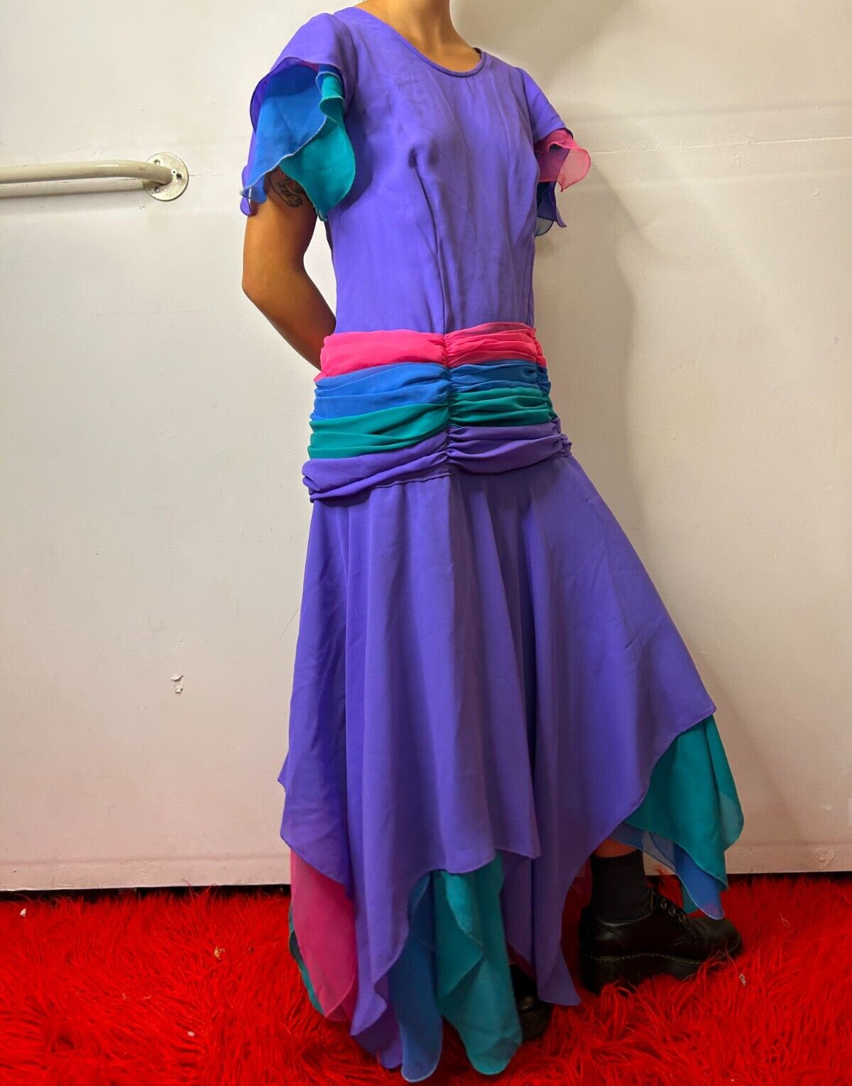 Vintage 1980s Prom Dress Purple Chiffon Ruched Drop Waist Asymmetrical AU 8
