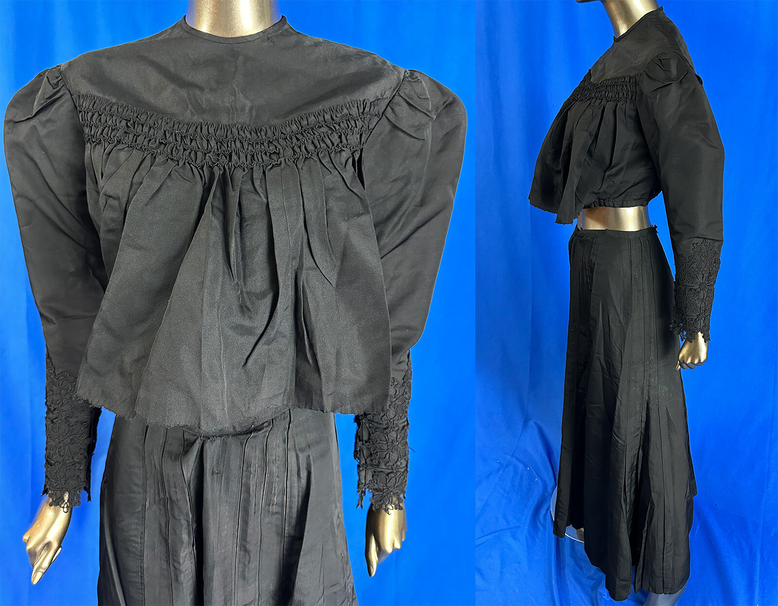 Victorian Black Silk Lace Trim Leg of Mutton Sleeve Bodice Skirt Mourning Dress