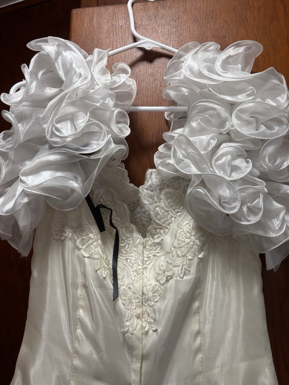 Vintage Size 8 Wedding Gown With Ruffled Sleeves, Tiered Skirt, Black Ribbons