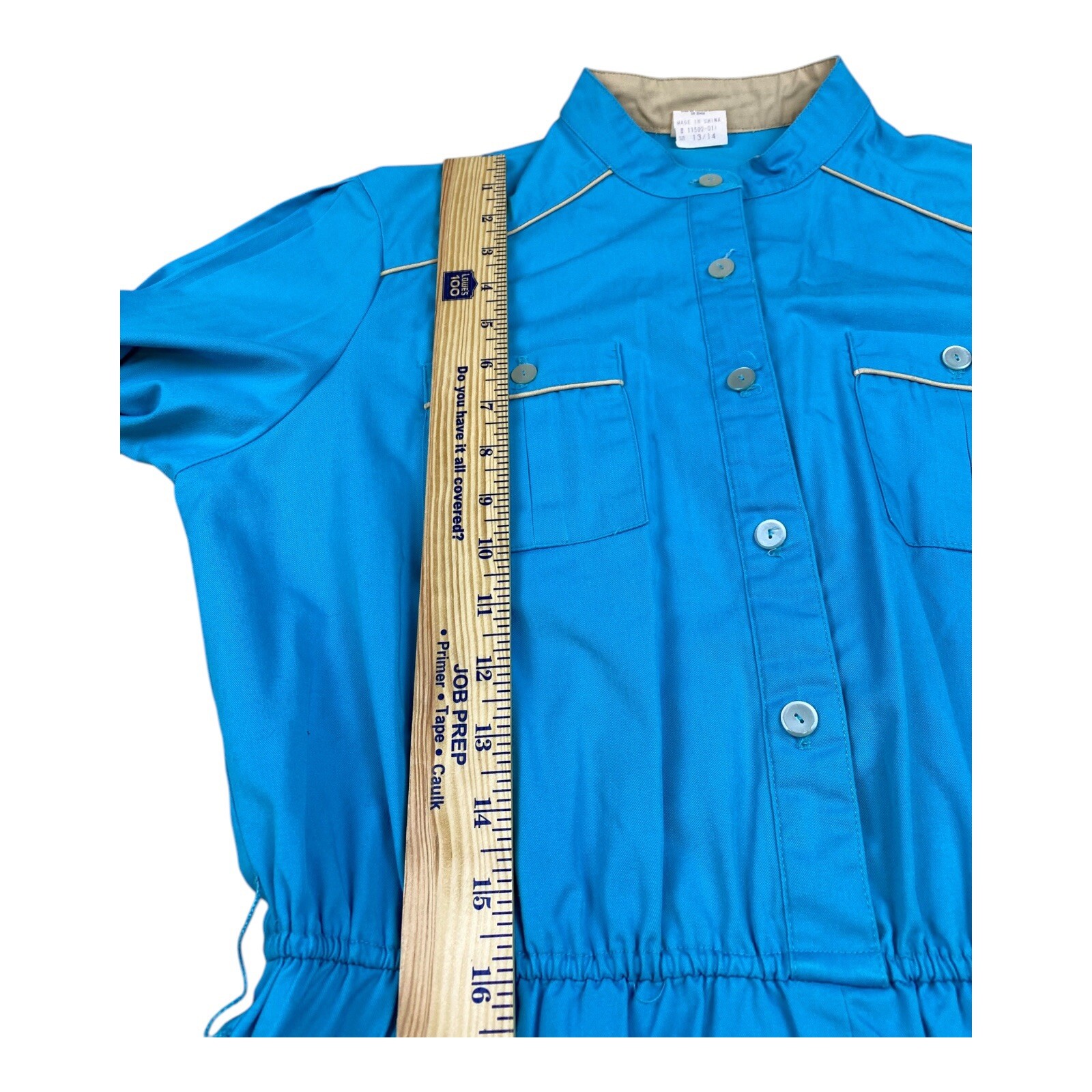 Vintage 1970’s Shirt Dress Sz 13/14 Blue Classic Cinched Waist Utility Pockets