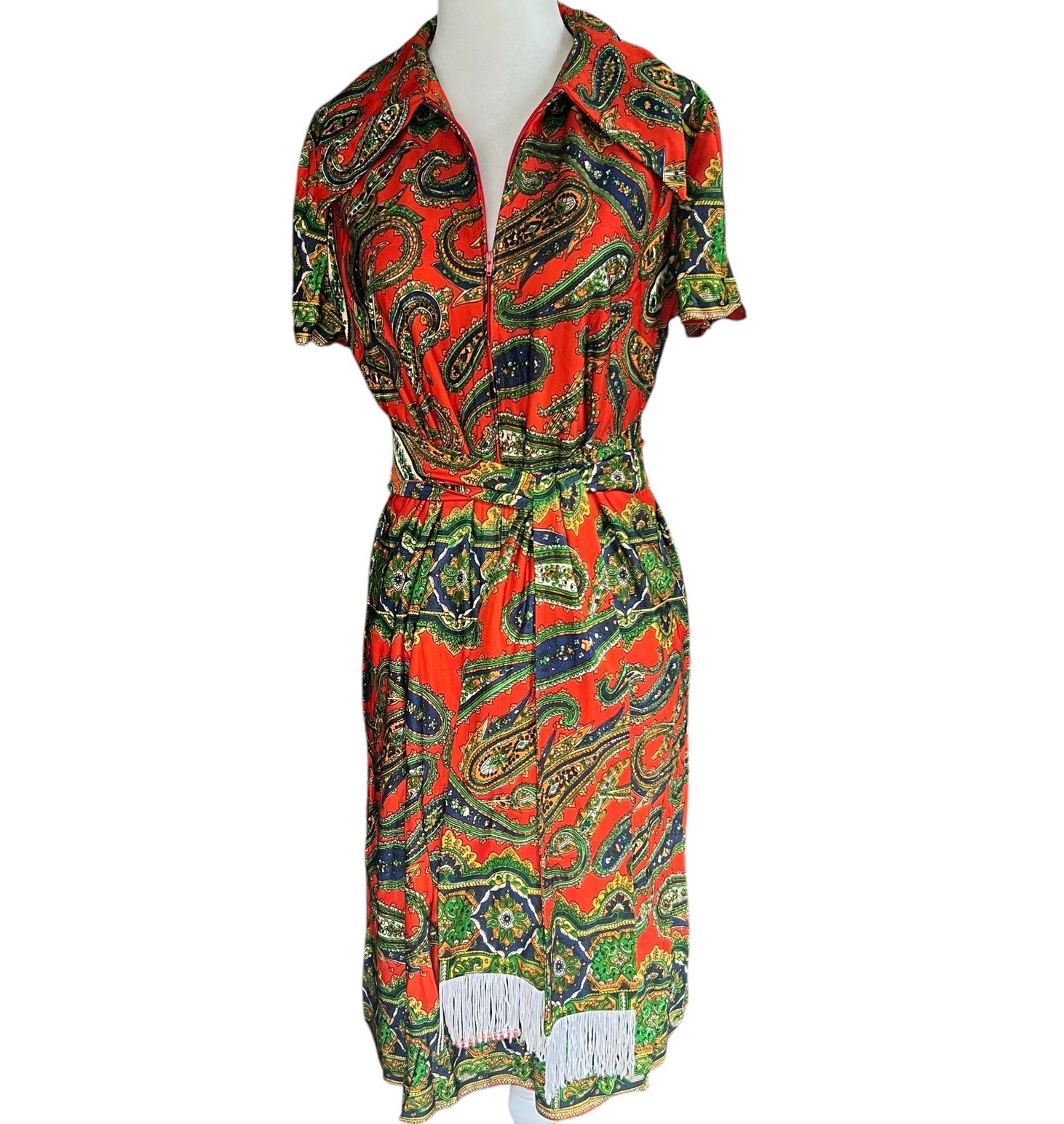 70s Boho Shirt Dress Front Zip Orange Paisley W/ Fringe Belt Vintge Sz M/L Disco