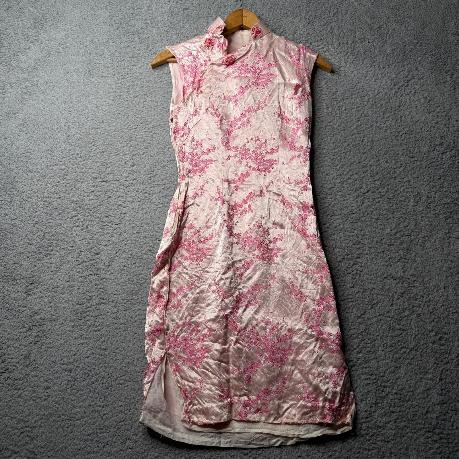 Vintage Cherry Blossom Dress Women’s Small Pink Satin Sleeveless