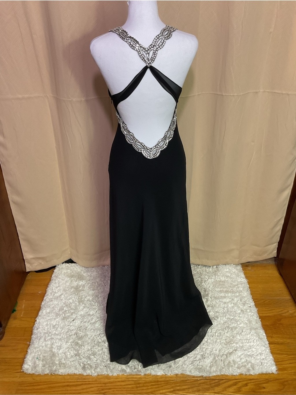 Faviana Couture Vintage Black Maxi Evening Gown with Silver Beaded Trim