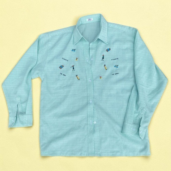 Vintage Mint Gingham Golf Embroidered Button Up Shirt Country Club Preppy