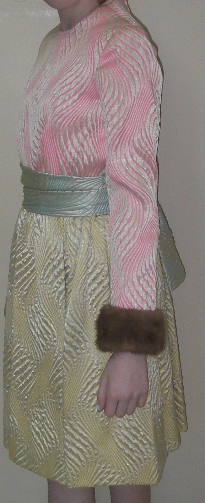 Vintage 1960s Kiki Hart Saks Fifth Ave Brocade Dress Mink Fur Cuffs Sash Belt