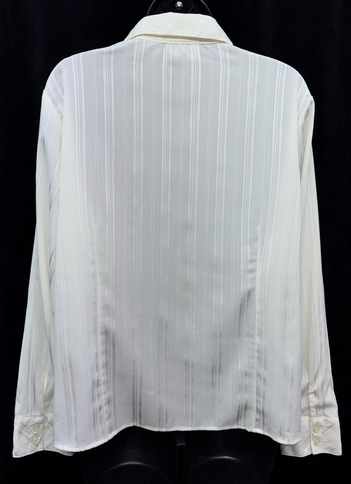 VTG Joanna Women Size PL Button Up Long Sleeve Collar V-Neck Top Silver Striped