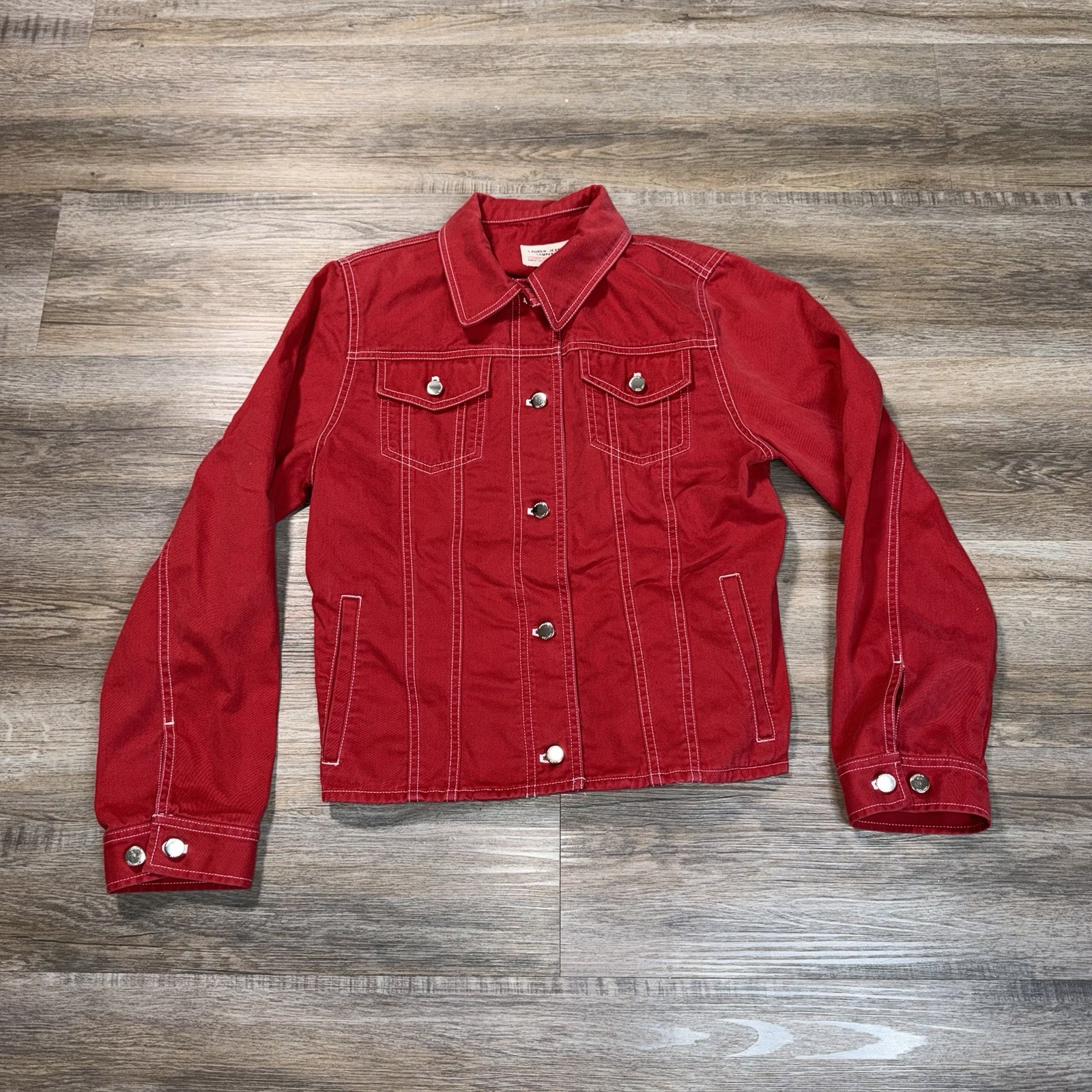 VTG Lauren Ralph Lauren Jeans Company Red Denim Jacket Womens S White Stitching