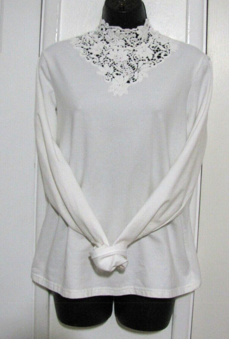 VTG Together Cotton Top Long-sleeve Crochet-neck Pullover Cottagecore Boho Wm. L
