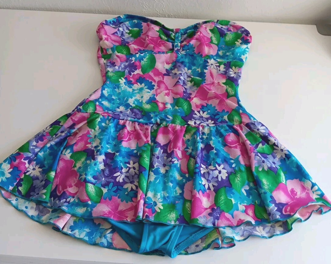 Vtg 14 One Piece Floral Sea Fashions of California Skirt Swimsuit Bathing Suit
